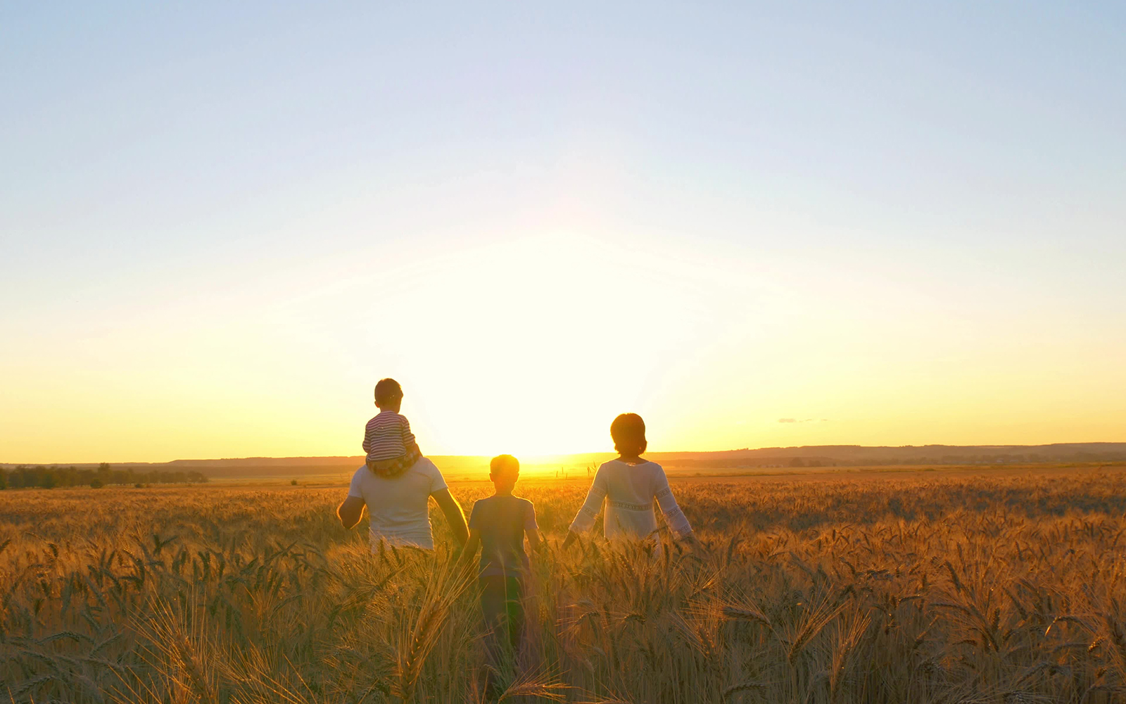 A family walking through a field at sunset
