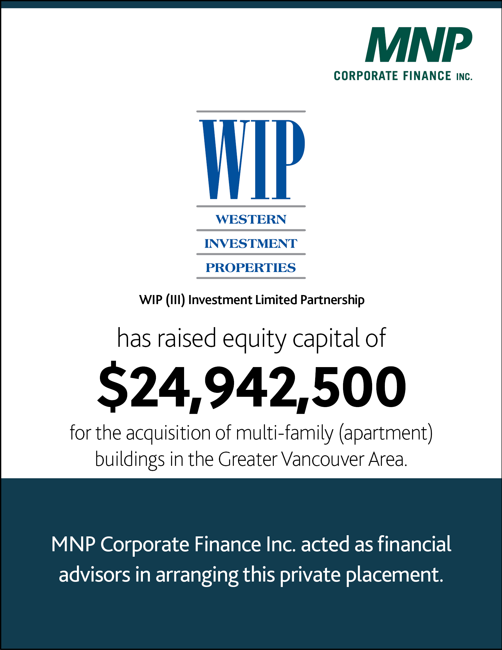 WIP (III) Investment LP has raised equity capital of $24,942,500 for the acquisition of multi-family (apartments) buildings in the Greater Vancouver Area.