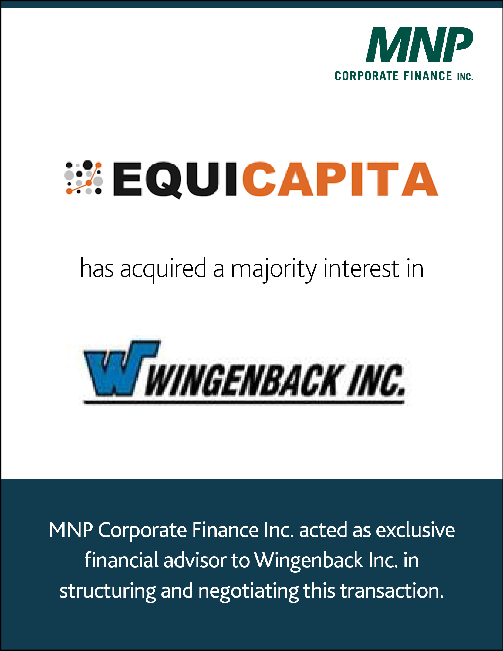 Equicapita Income Trust has acquired a majority interest in Wingenback Inc.